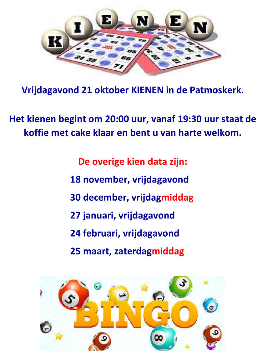 Vrijdag 21 oktober: Kienen in de Patmoskerk