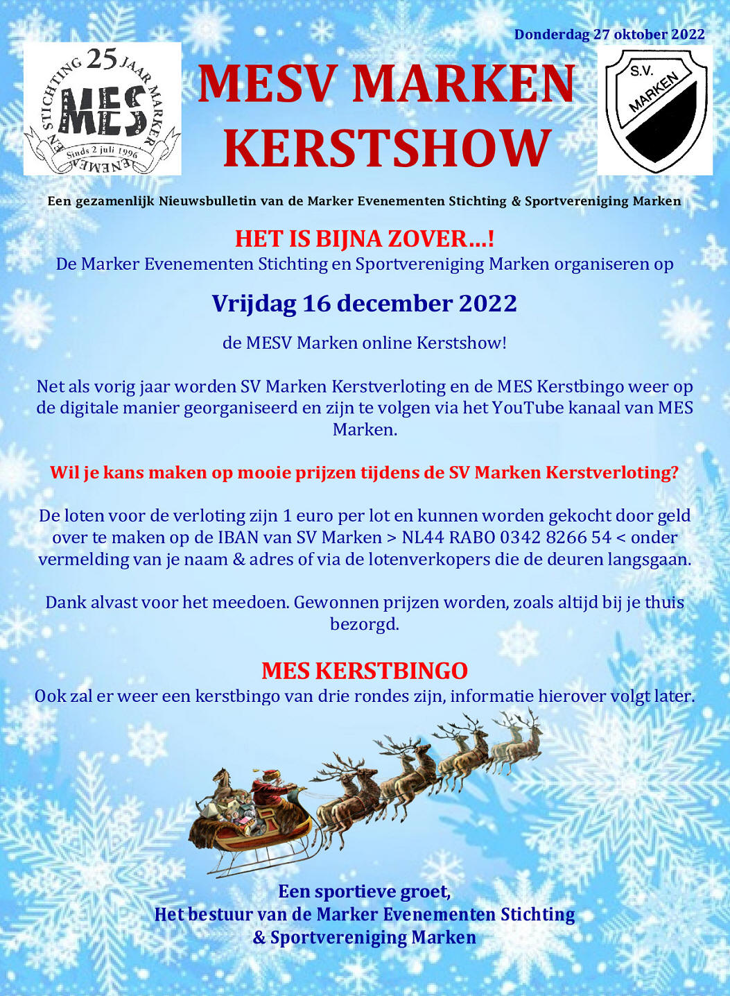 Vrijdag 16 december 2022: MESV Marken Online Kerstshow