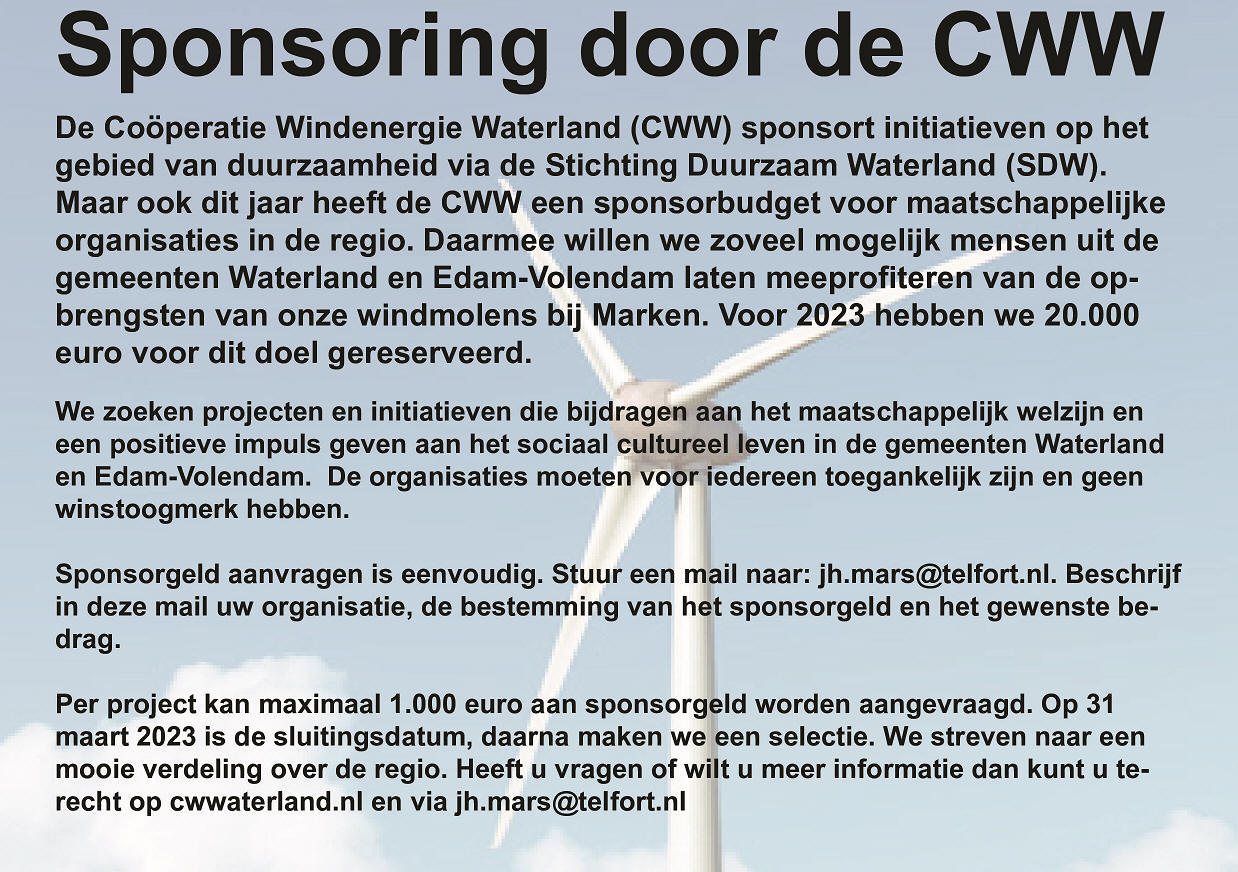 Sponsoring door Coöperatie Windenergie Waterland (CWW)