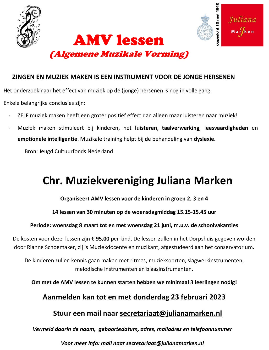 Muziekvereniging Juliana organiseert AMV lessen