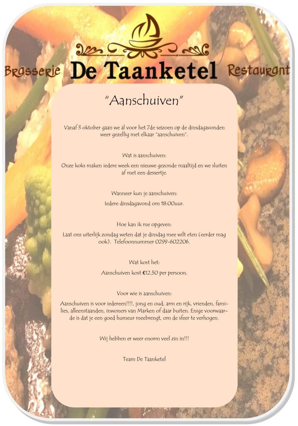 Vanaf dinsdag 3 oktober elke dinsdag 'Aanschuiven' bij de Taanketel