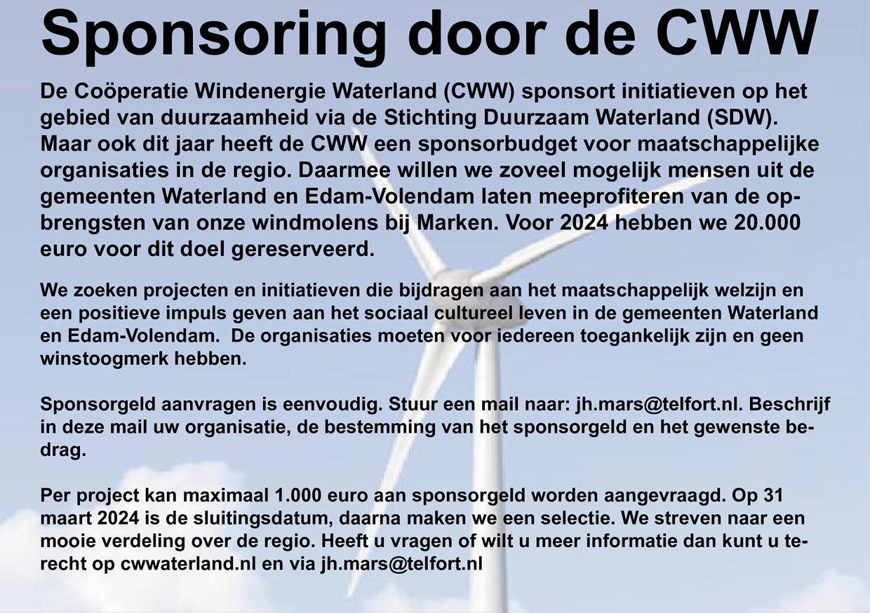 Sponsoring 2024 door Coöperatie Windenergie Waterland (CWW)