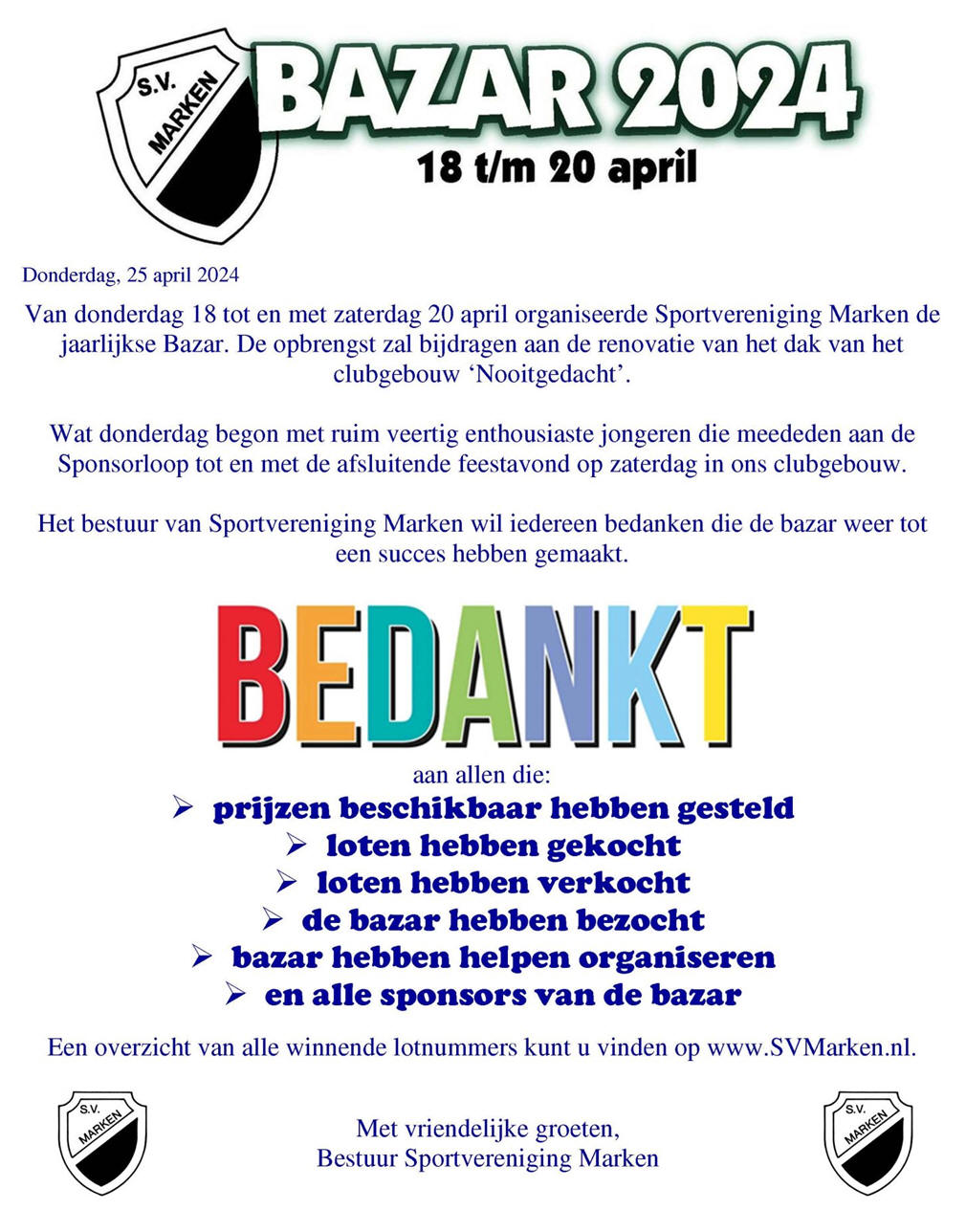 Dankwoord Bazar Sportvereniging Marken